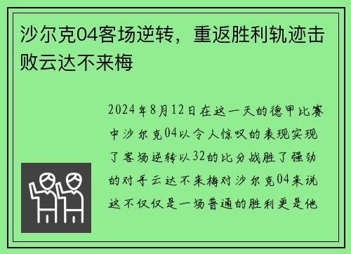 沙尔克04客场逆转，重返胜利轨迹击败云达不来梅