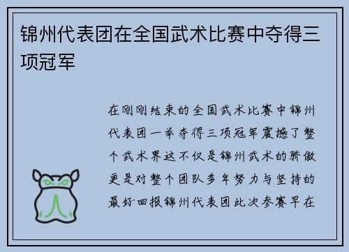 锦州代表团在全国武术比赛中夺得三项冠军